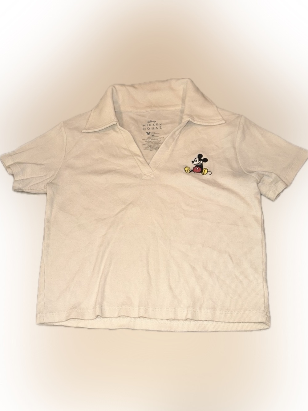 Disney Size‎ Medium Women's Babydoll Cream Crop Shirt with Embroidered Mickey